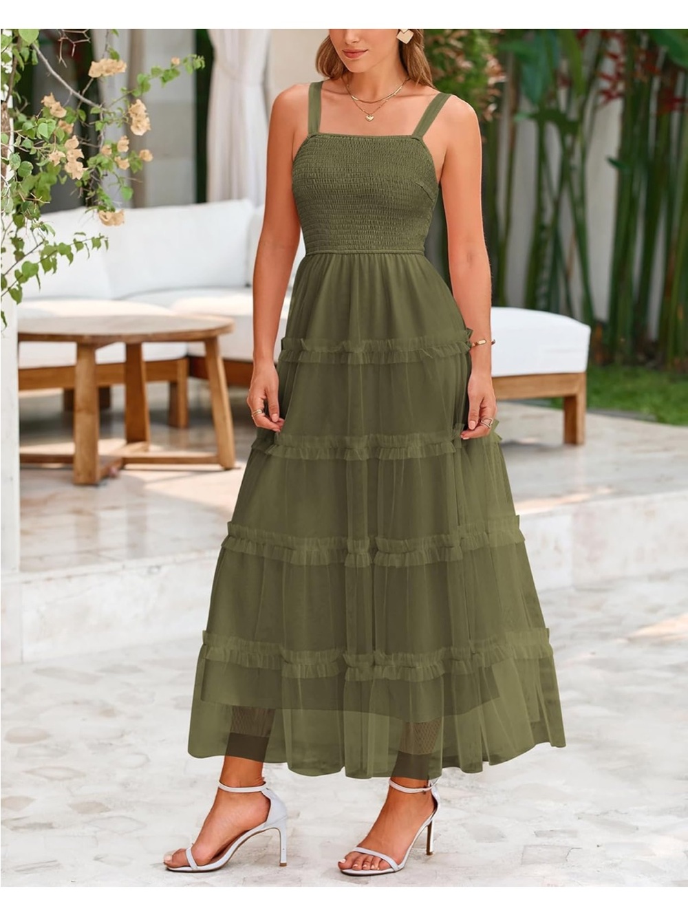 Olive Green Tiered Maxi Dress with Smocked Bodice